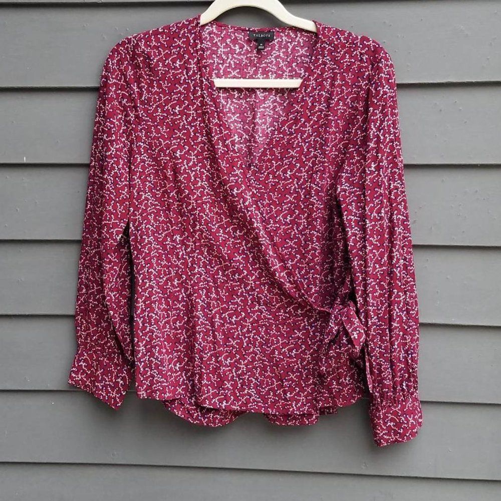 Talbots Rust Navy Cream Floral Wrap Blouse Size Medium